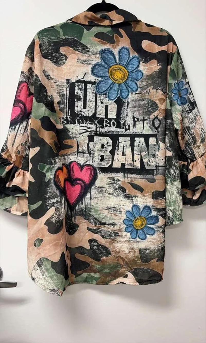 L763 | Loowie Urban Floral Camo Printed Shirt | Ruffled Sleeves | One Size S-L - Picture 2 of 2